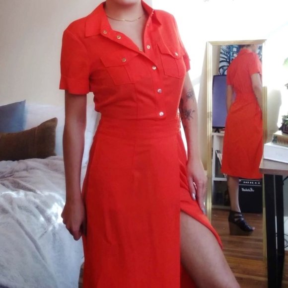 NEW YORK & COMPANY Tangerine Shirtdress XS EUC - Picture 5 of 9